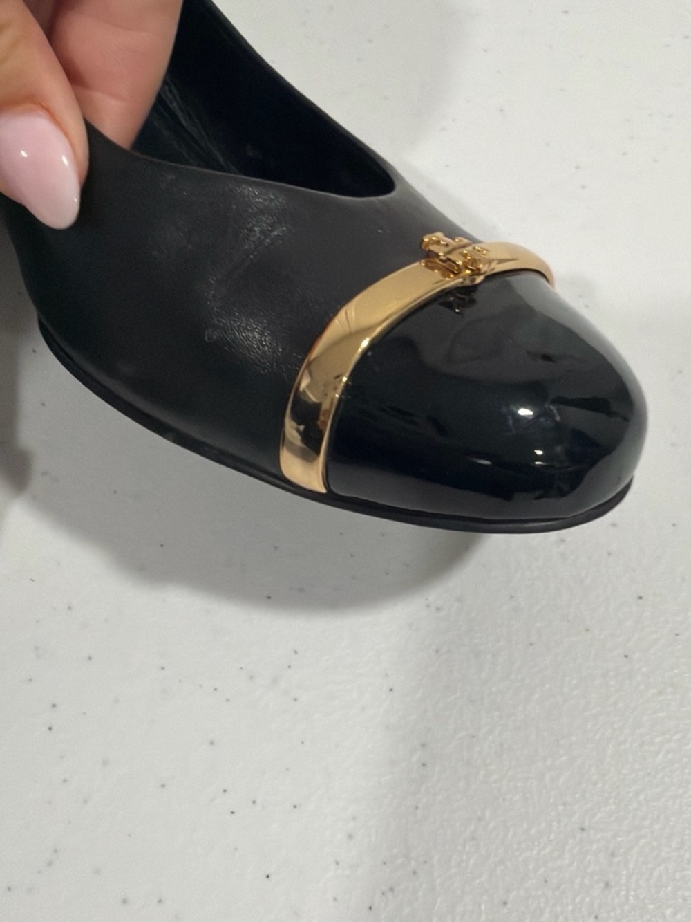 Tory Burch Black Leather Wedge Pumps with Gold Toe Bar - Picture 6 of 7